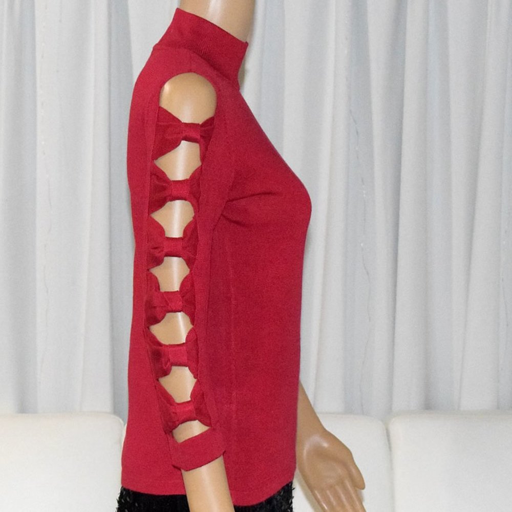 CeCe by Cynthia Steffe Bow Sleeve Crewneck Pullover Sweater in Red - Size XS - Picture 6 of 15